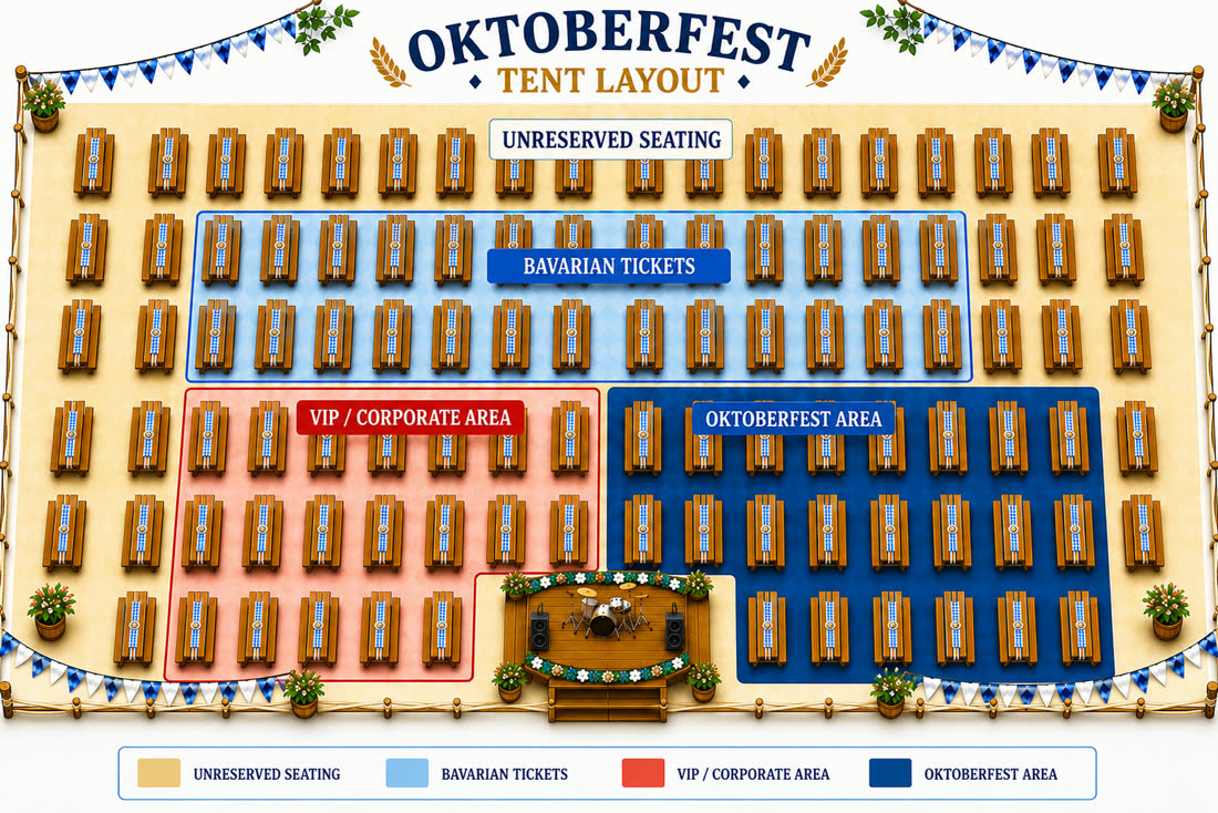 London Oktoberfest tent layout showing unreserved seating, Bavarian tickets, VIP and corporate area, and Oktoberfest area