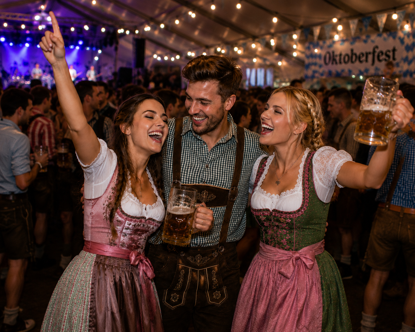 Guests in Lederhosen and Dirndl celebrating at London Oktoberfest